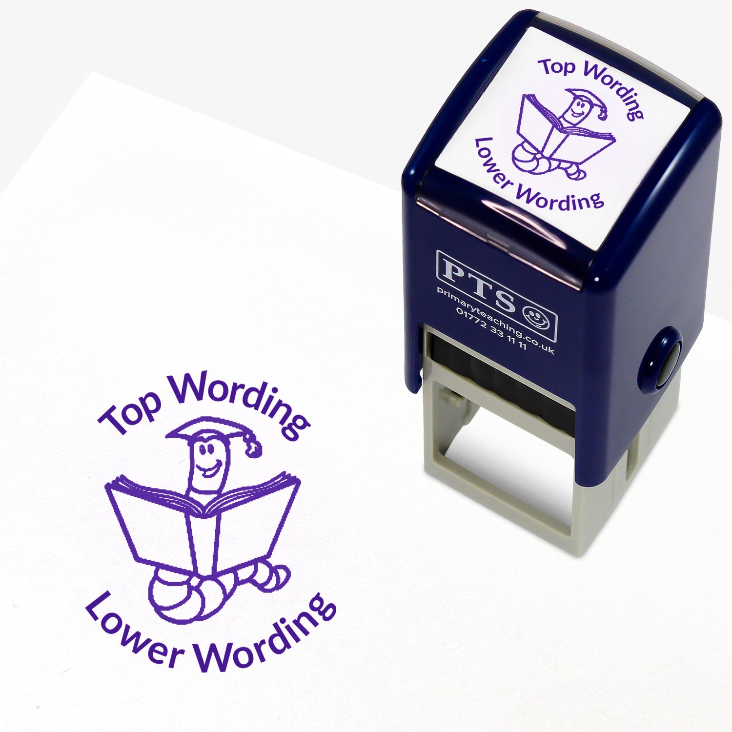 A 25mm round pre-inked teacher stamper with purple ink, featuring a worm wearing a mortarboard, reading an open book, curving above the image is space for personalisation 'Top Wording' and curving below the image is space for personalisation 'Lower Wording' in a clear, bold font.