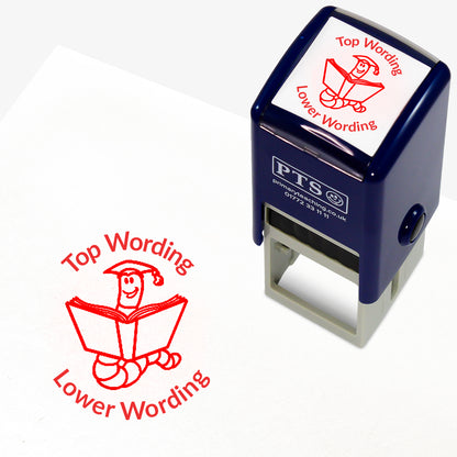 A 25mm round pre-inked teacher stamper with red ink, featuring a worm wearing a mortarboard, reading an open book, curving above the image is space for personalisation 'Top Wording' and curving below the image is space for personalisation 'Lower Wording' in a clear, bold font.