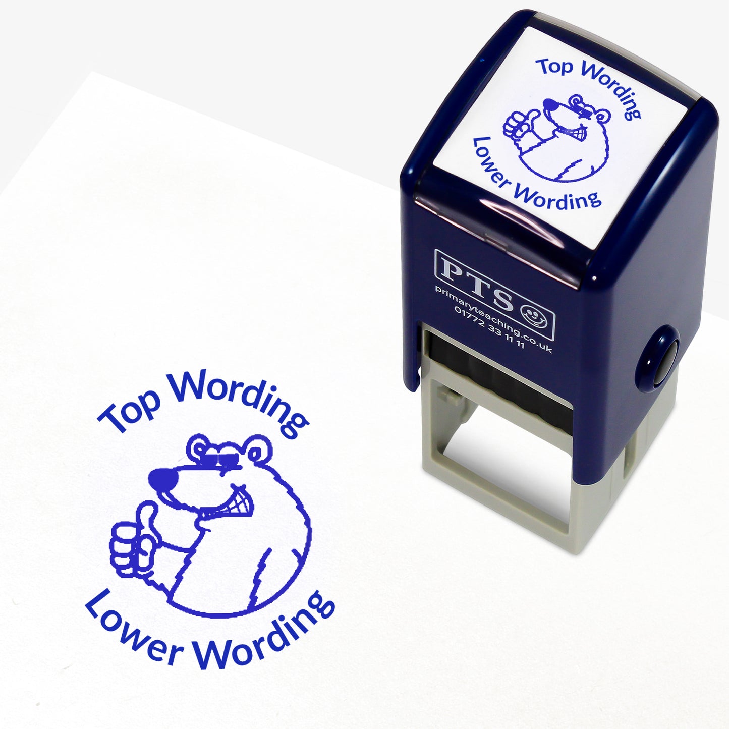 A 25mm round pre-inked teacher stamper with blue ink, featuring a smiling polar bear, wearing sunglasses with a thumbs up; curving above the image is space for personalisation 'Top Wording' and curving below the image is space for personalisation 'Lower Wording' in a clear, bold font.