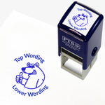 A 25mm round pre-inked teacher stamper with blue ink, featuring a smiling polar bear, wearing sunglasses with a thumbs up; curving above the image is space for personalisation 'Top Wording' and curving below the image is space for personalisation 'Lower Wording' in a clear, bold font.