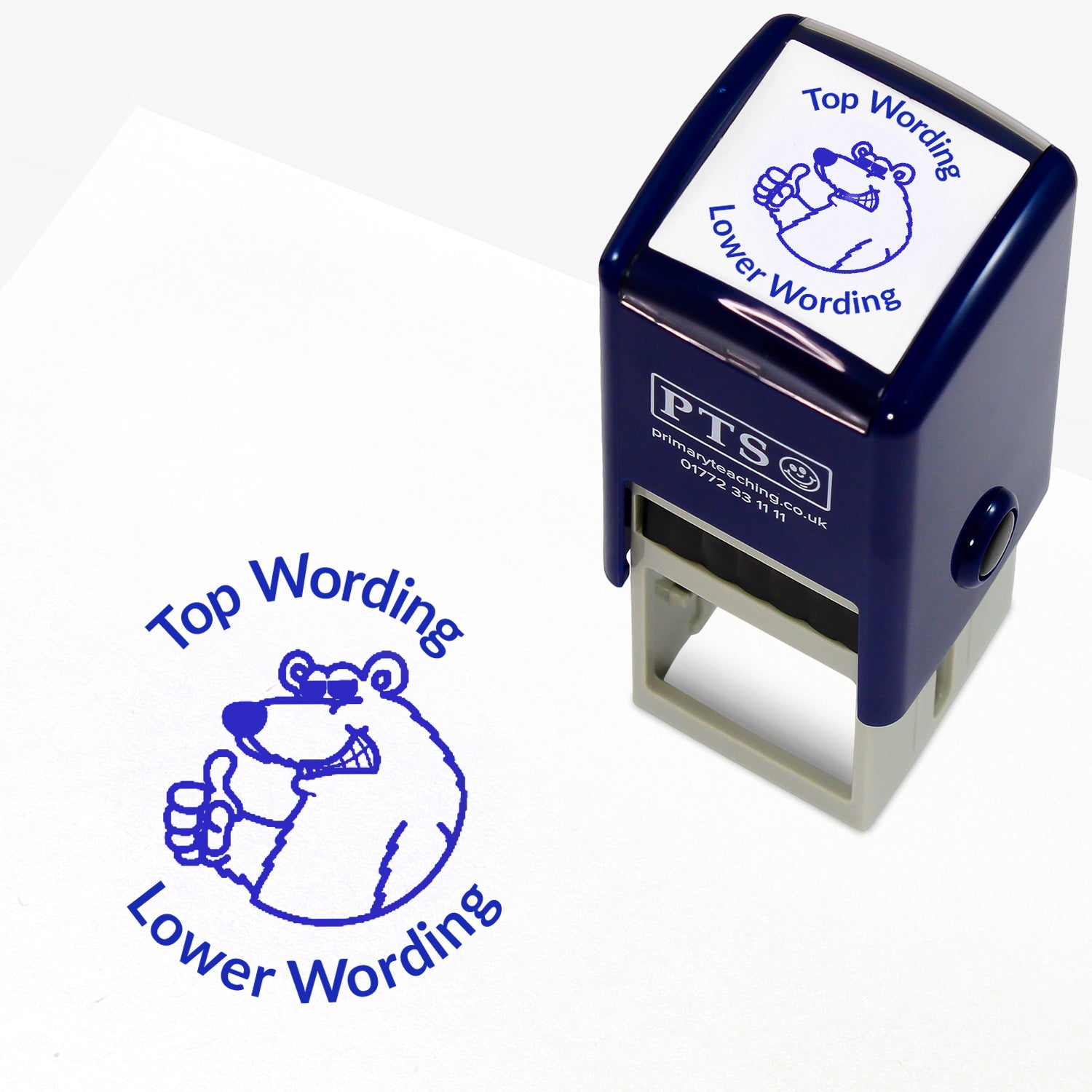 A 25mm round pre-inked teacher stamper with blue ink, featuring a smiling polar bear, wearing sunglasses with a thumbs up; curving above the image is space for personalisation 'Top Wording' and curving below the image is space for personalisation 'Lower Wording' in a clear, bold font.