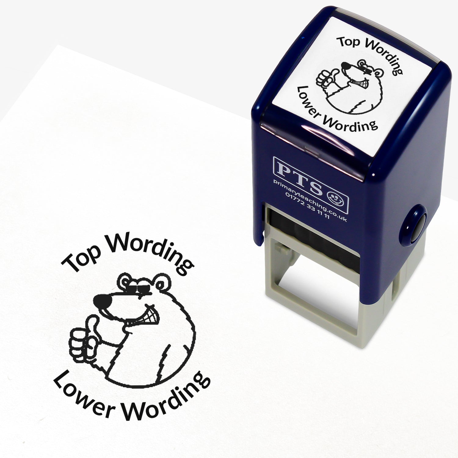 A 25mm round pre-inked teacher stamper with black ink, featuring a smiling polar bear, wearing sunglasses with a thumbs up; curving above the image is space for personalisation 'Top Wording' and curving below the image is space for personalisation 'Lower Wording' in a clear, bold font.