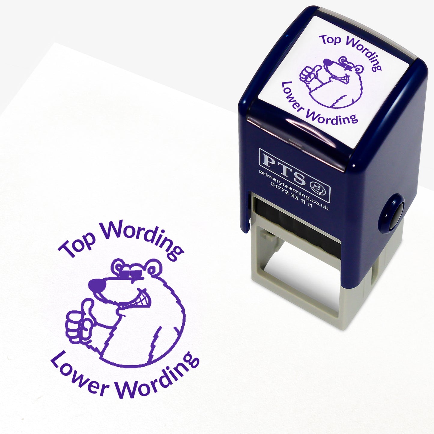 A 25mm round pre-inked teacher stamper with purple ink, featuring a smiling polar bear, wearing sunglasses with a thumbs up; curving above the image is space for personalisation 'Top Wording' and curving below the image is space for personalisation 'Lower Wording' in a clear, bold font.