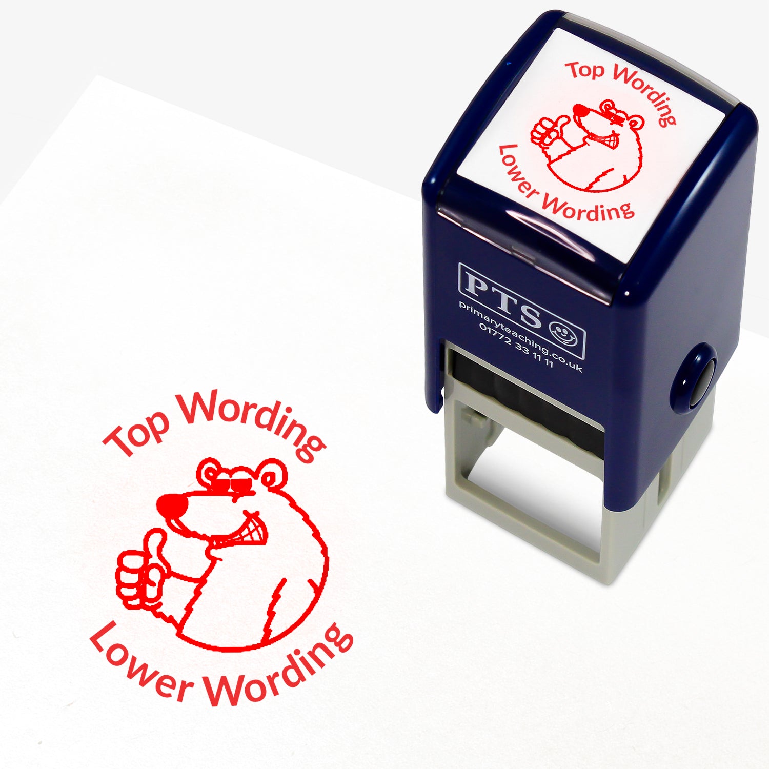 A 25mm round pre-inked teacher stamper with red ink, featuring a smiling polar bear, wearing sunglasses with a thumbs up; curving above the image is space for personalisation 'Top Wording' and curving below the image is space for personalisation 'Lower Wording' in a clear, bold font.