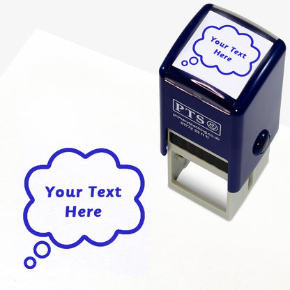 A 25mm pre-inked stamper with blue ink, featuring the space for personalisation 'Your Text Here' within a speech bubble.