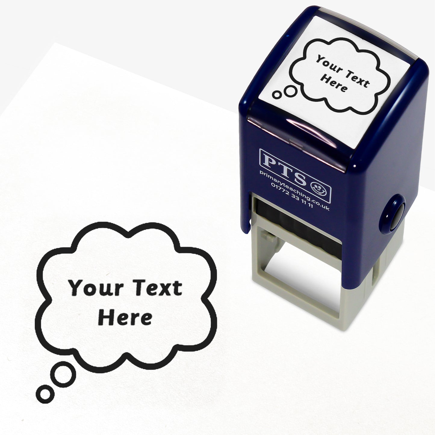 A 25mm pre-inked stamper with black ink, featuring the space for personalisation 'Your Text Here' within a speech bubble.
