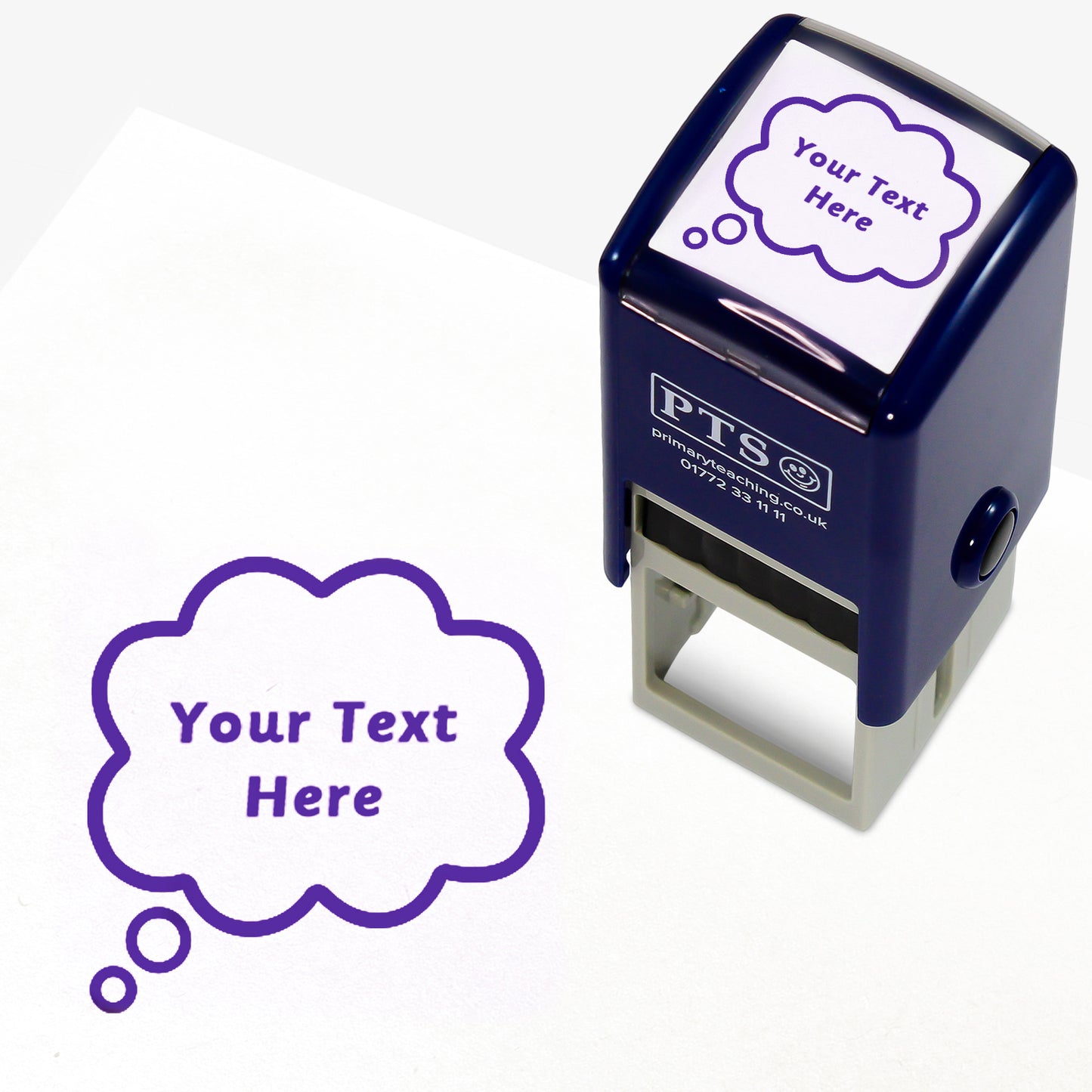 A 25mm pre-inked stamper with purple ink, featuring the space for personalisation 'Your Text Here' within a speech bubble.