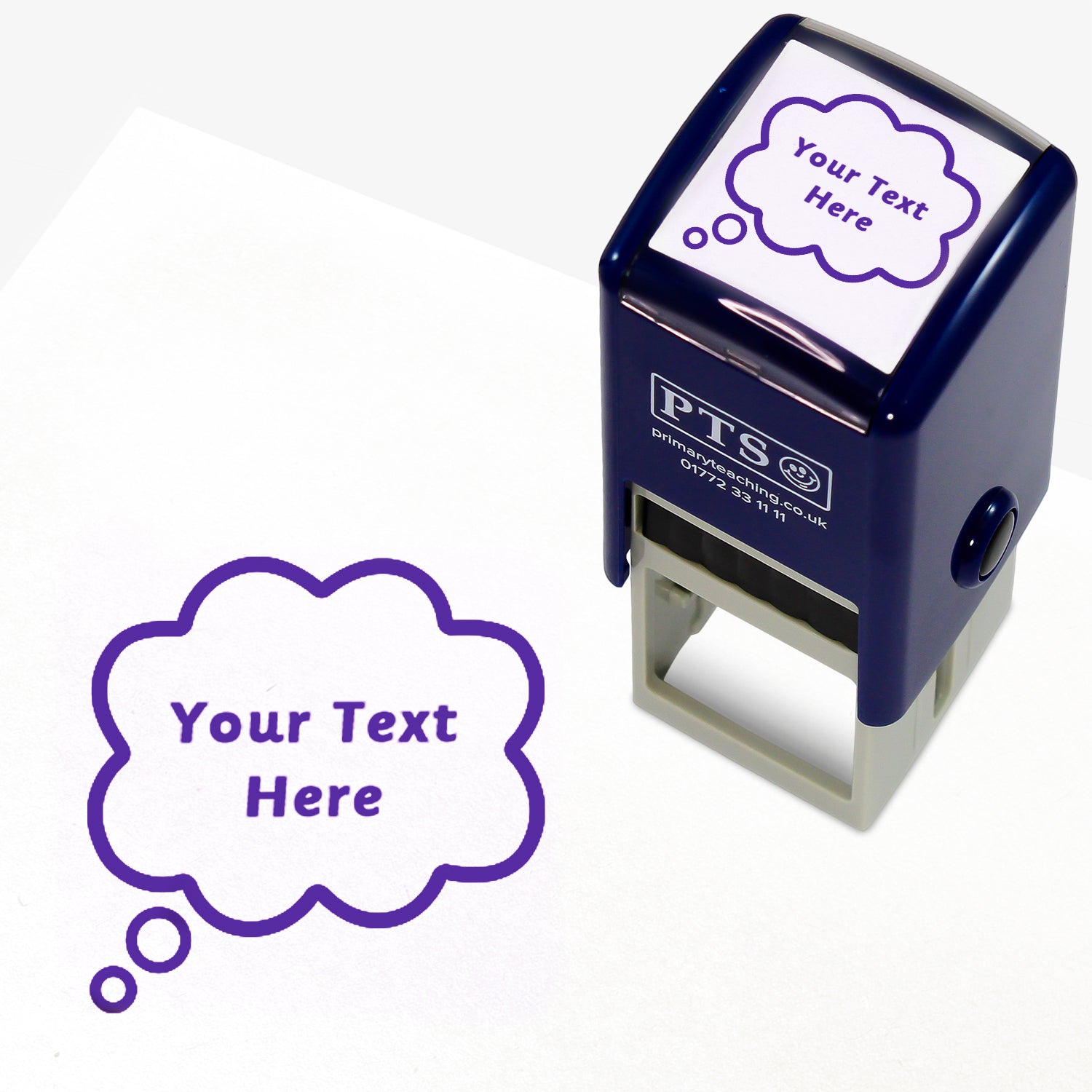 A 25mm pre-inked stamper with purple ink, featuring the space for personalisation 'Your Text Here' within a speech bubble.