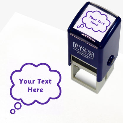 A 25mm pre-inked stamper with purple ink, featuring the space for personalisation 'Your Text Here' within a speech bubble.