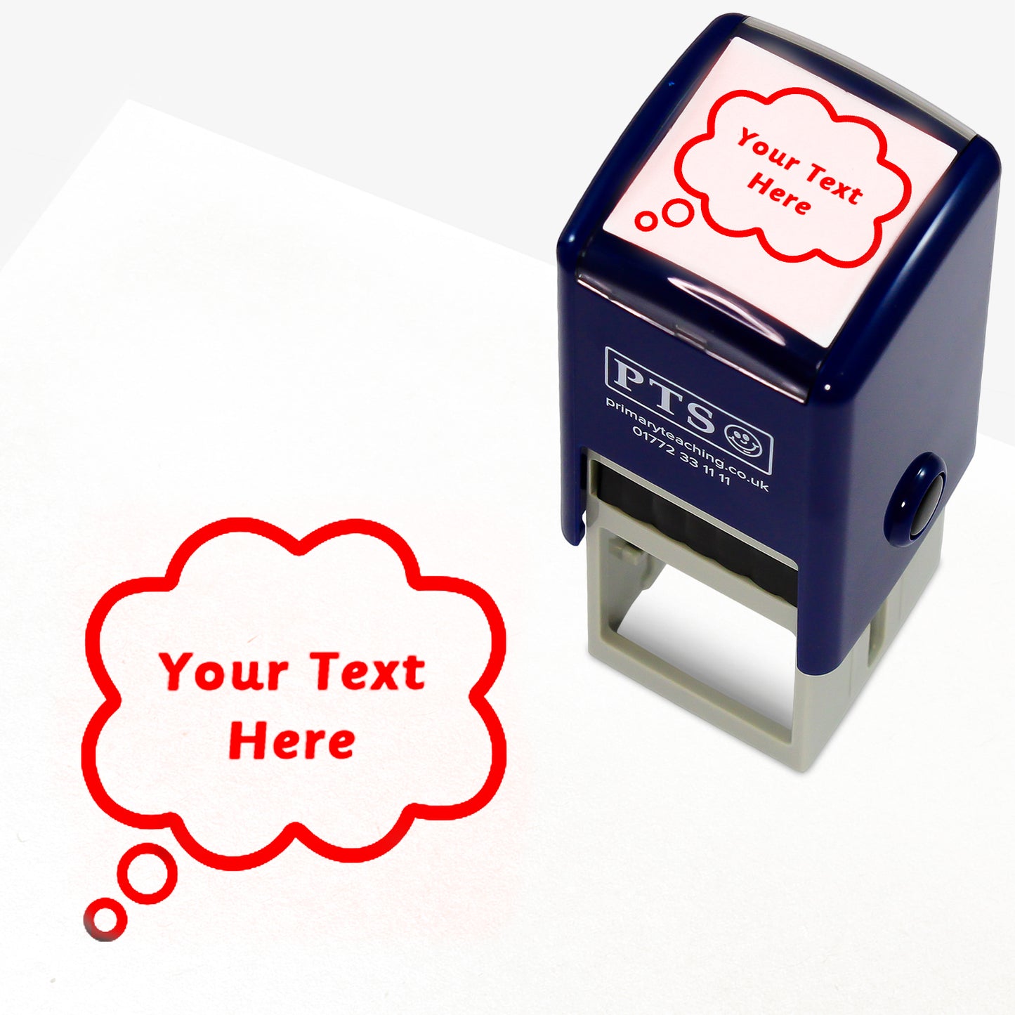A 25mm pre-inked stamper with red ink, featuring the space for personalisation 'Your Text Here' within a speech bubble.