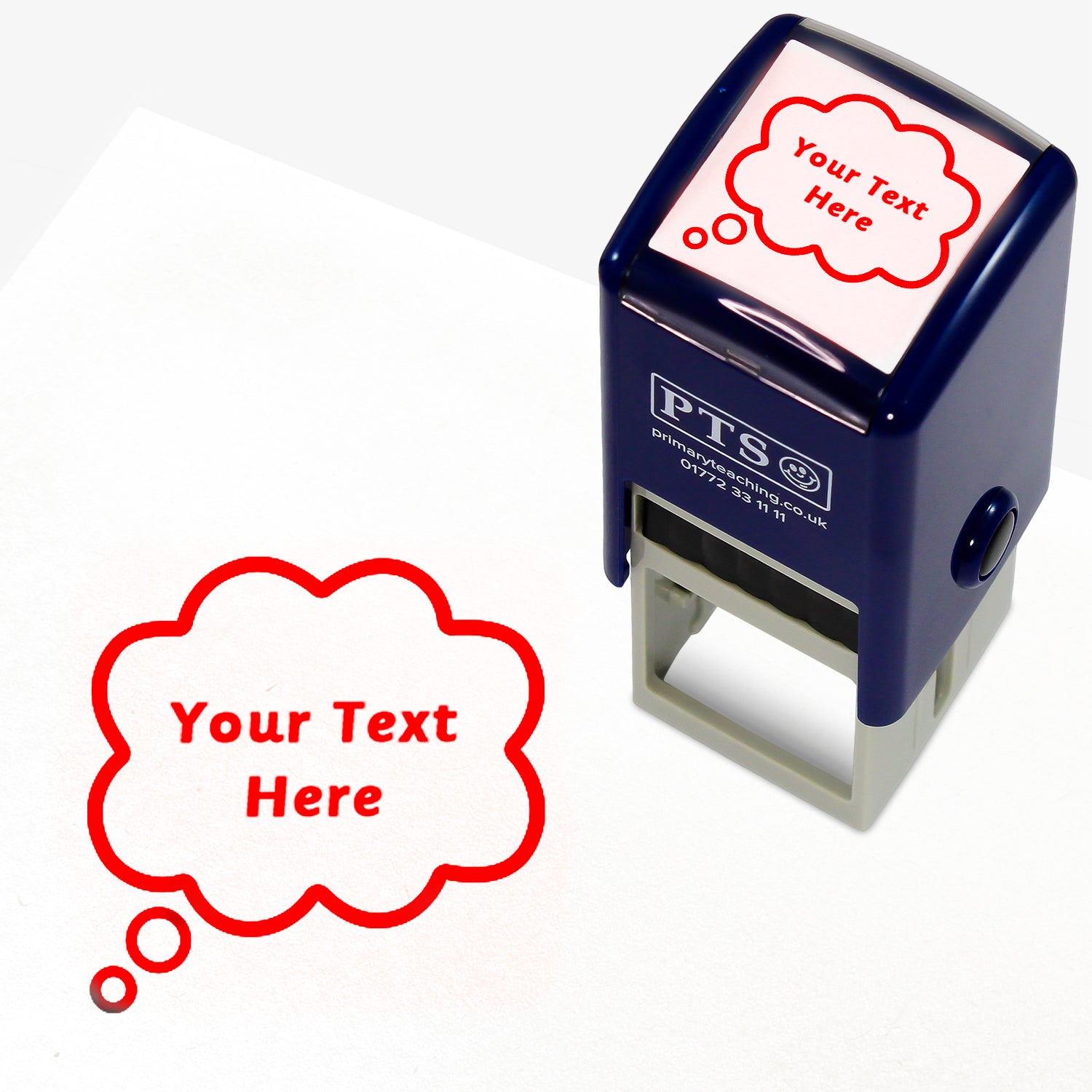 A 25mm pre-inked stamper with red ink, featuring the space for personalisation 'Your Text Here' within a speech bubble.