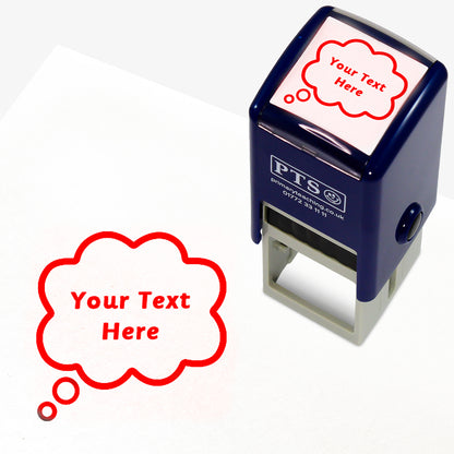 A 25mm pre-inked stamper with red ink, featuring the space for personalisation 'Your Text Here' within a speech bubble.