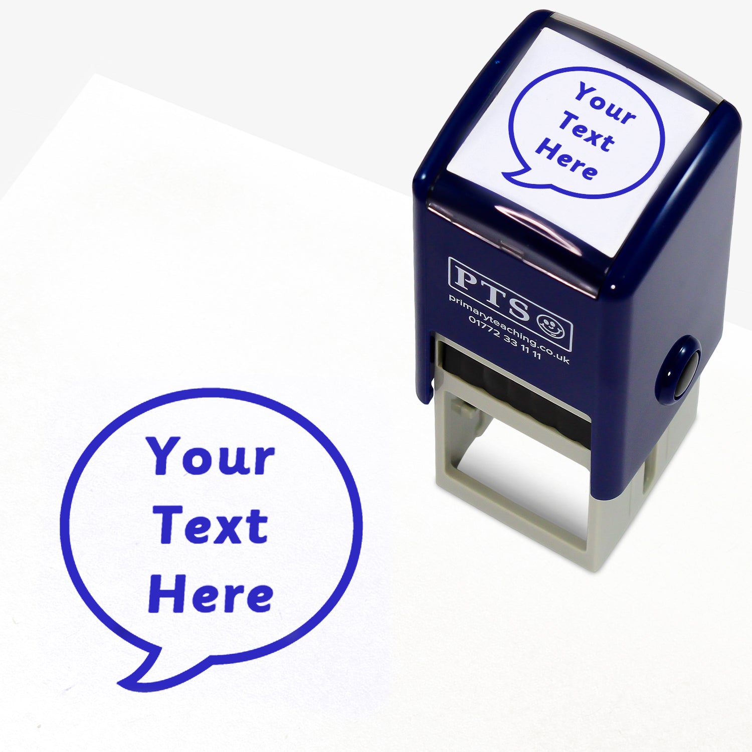 A 25mm round pre-inked teacher stamper with blue ink, featuring a a speech bubble within which the space for personalisation 'Your Text Here' in a clear, bold font.