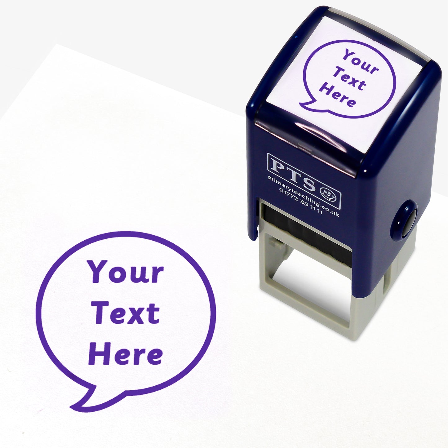 A 25mm round pre-inked teacher stamper with purple ink, featuring a a speech bubble within which the space for personalisation 'Your Text Here' in a clear, bold font.