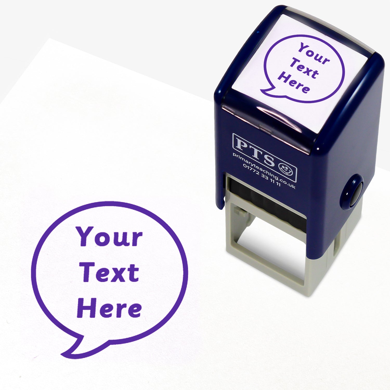 A 25mm round pre-inked teacher stamper with purple ink, featuring a a speech bubble within which the space for personalisation 'Your Text Here' in a clear, bold font.
