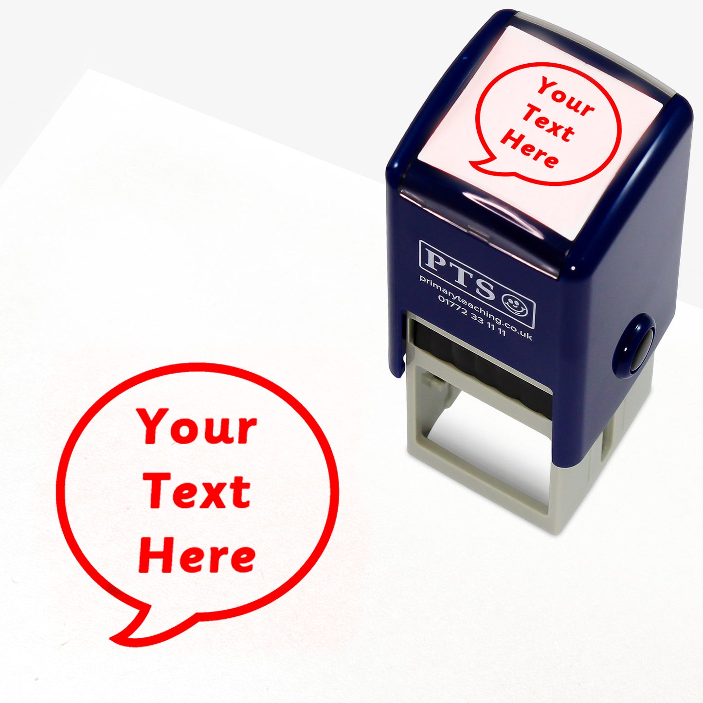 A 25mm round pre-inked teacher stamper with red ink, featuring a a speech bubble within which the space for personalisation 'Your Text Here' in a clear, bold font.