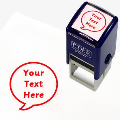 A 25mm round pre-inked teacher stamper with red ink, featuring a a speech bubble within which the space for personalisation 'Your Text Here' in a clear, bold font.