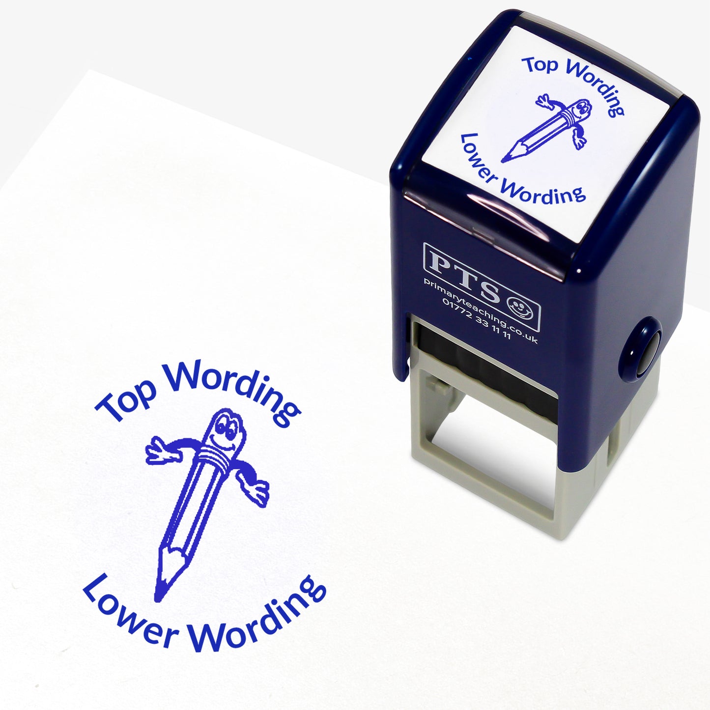 A 25mm round pre-inked teacher stamper with blue ink, featuring a smiling pencil with it's arms open, curving above the image is space for personalisation 'Top Wording' and curving below the image is space for personalisation 'Lower Wording' in a clear, bold font.