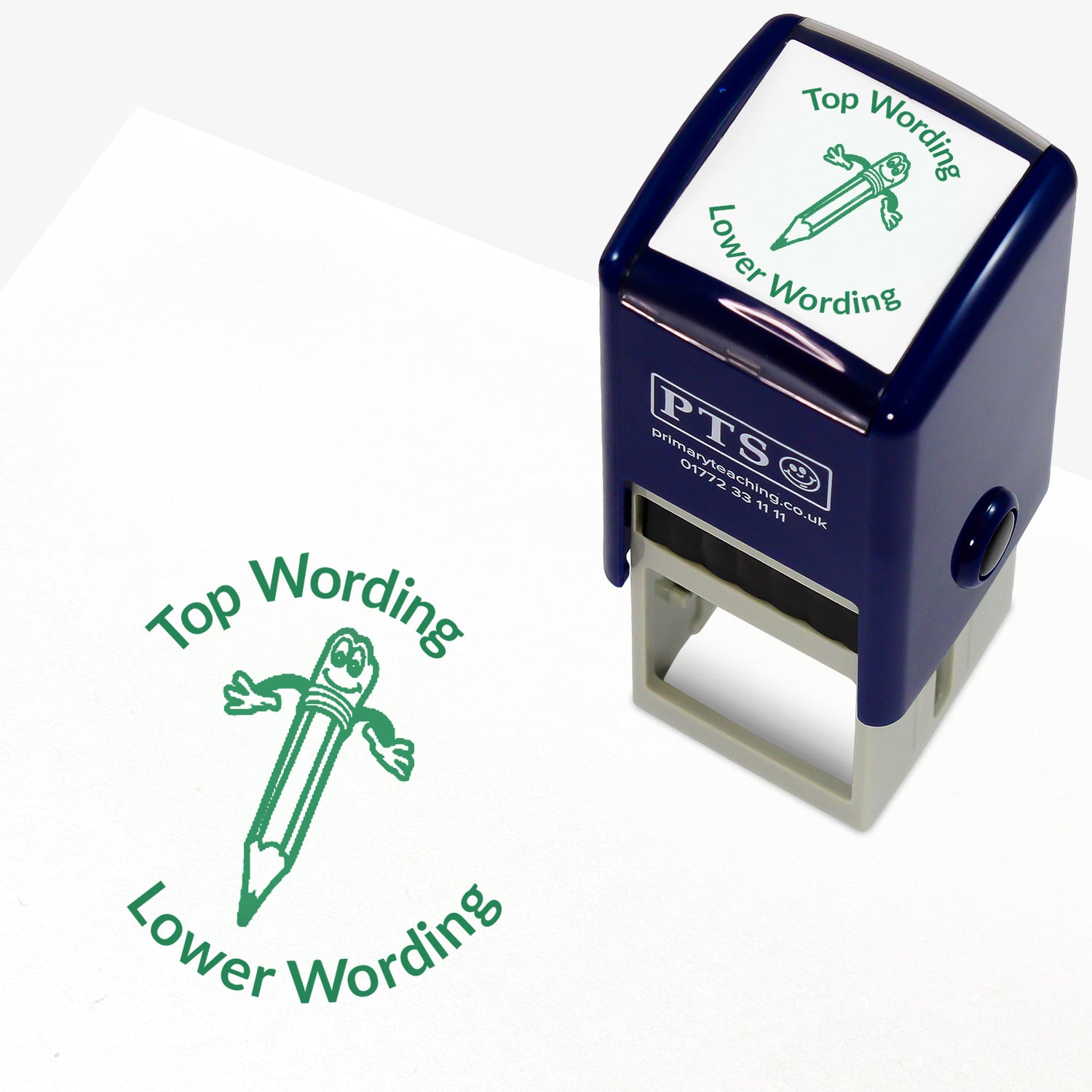 A 25mm round pre-inked teacher stamper with green ink, featuring a smiling pencil with it's arms open, curving above the image is space for personalisation 'Top Wording' and curving below the image is space for personalisation 'Lower Wording' in a clear, bold font.