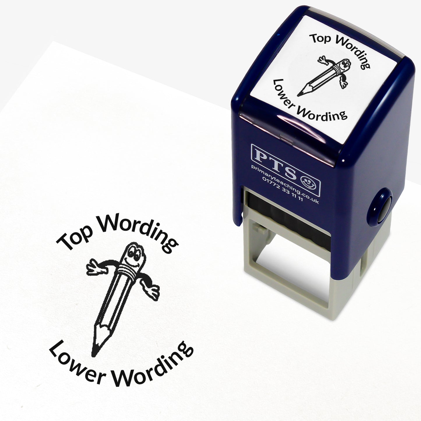 A 25mm round pre-inked teacher stamper with black ink, featuring a smiling pencil with it's arms open, curving above the image is space for personalisation 'Top Wording' and curving below the image is space for personalisation 'Lower Wording' in a clear, bold font.