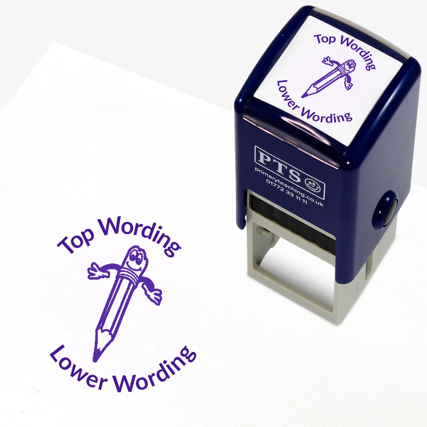 A 25mm round pre-inked teacher stamper with purple ink, featuring a smiling pencil with it's arms open, curving above the image is space for personalisation 'Top Wording' and curving below the image is space for personalisation 'Lower Wording' in a clear, bold font.