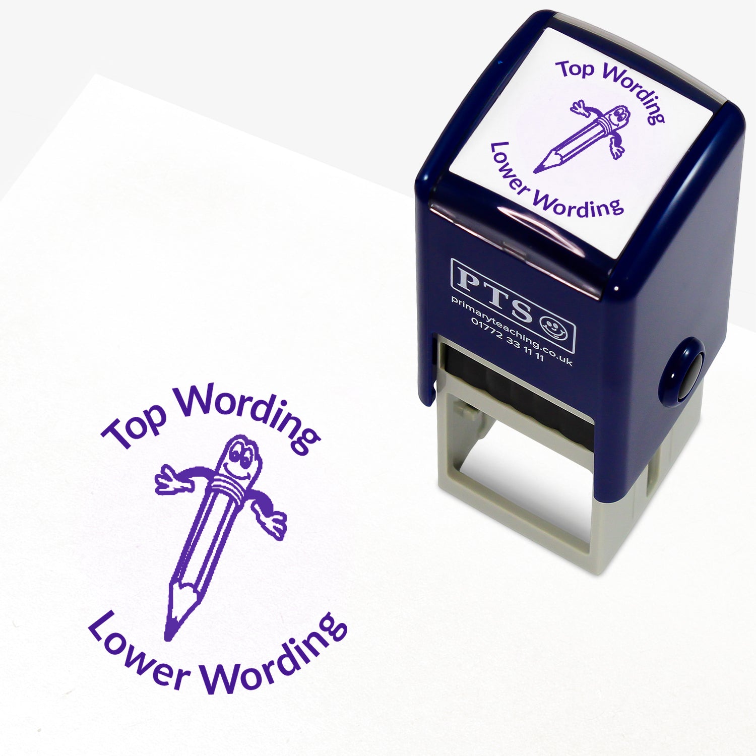 A 25mm round pre-inked teacher stamper with purple ink, featuring a smiling pencil with it's arms open, curving above the image is space for personalisation 'Top Wording' and curving below the image is space for personalisation 'Lower Wording' in a clear, bold font.