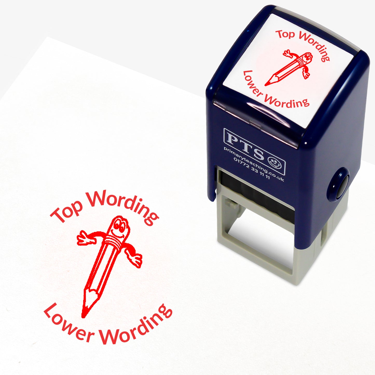 A 25mm round pre-inked teacher stamper with red ink, featuring a smiling pencil with it's arms open, curving above the image is space for personalisation 'Top Wording' and curving below the image is space for personalisation 'Lower Wording' in a clear, bold font.