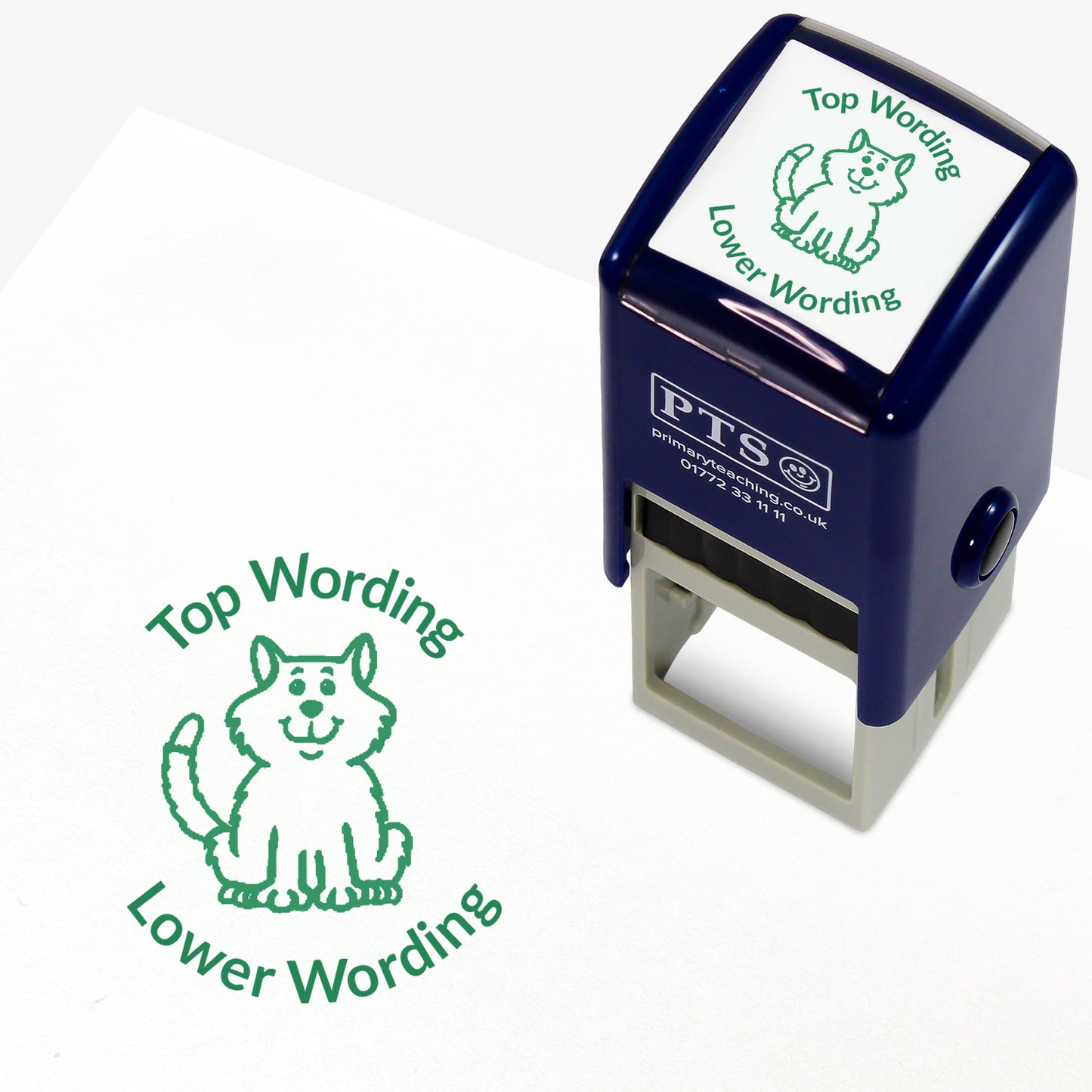 A 25mm round pre-inked teacher stamper with green ink, featuring a fluffy cat sat up, curving above the image is space for personalisation 'Top Wording' and curving below the image is space for personalisation 'Lower Wording' in a clear, bold font.