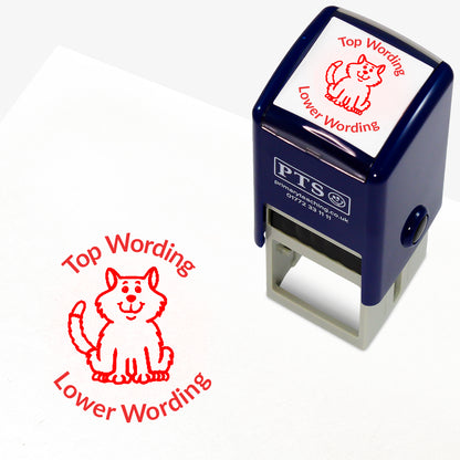A 25mm round pre-inked teacher stamper with red ink, featuring a fluffy cat sat up, curving above the image is space for personalisation 'Top Wording' and curving below the image is space for personalisation 'Lower Wording' in a clear, bold font.