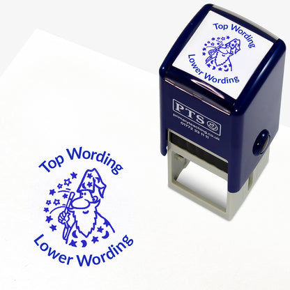 A 25mm round pre-inked teacher stamper with blue ink, featuring a wizard with a wand emitting a shower of stars, curving above the image is space for personalisation 'Top Wording' and curving below the image is space for personalisation 'Lower Wording' in a clear, bold font.