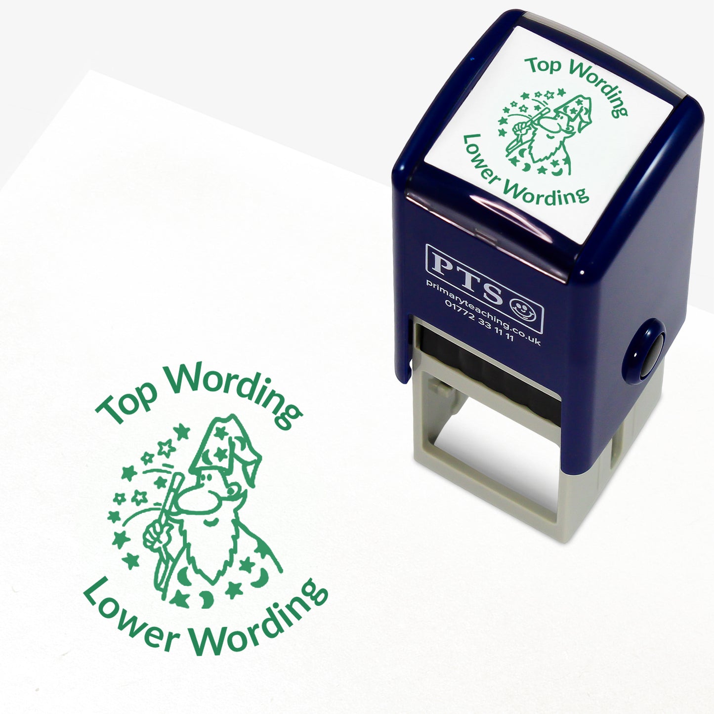 A 25mm round pre-inked teacher stamper with green ink, featuring a wizard with a wand emitting a shower of stars, curving above the image is space for personalisation 'Top Wording' and curving below the image is space for personalisation 'Lower Wording' in a clear, bold font.