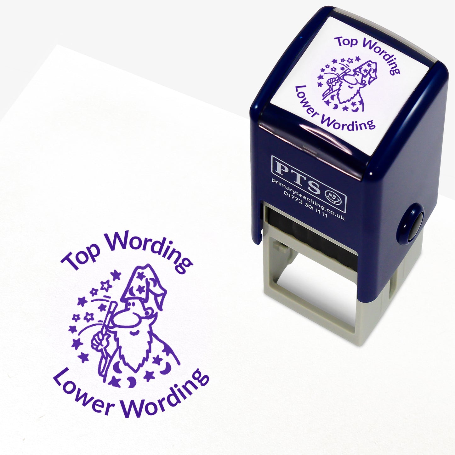 A 25mm round pre-inked teacher stamper with purple ink, featuring a wizard with a wand emitting a shower of stars, curving above the image is space for personalisation 'Top Wording' and curving below the image is space for personalisation 'Lower Wording' in a clear, bold font.