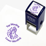 A 25mm round pre-inked teacher stamper with purple ink, featuring a wizard with a wand emitting a shower of stars, curving above the image is space for personalisation 'Top Wording' and curving below the image is space for personalisation 'Lower Wording' in a clear, bold font.