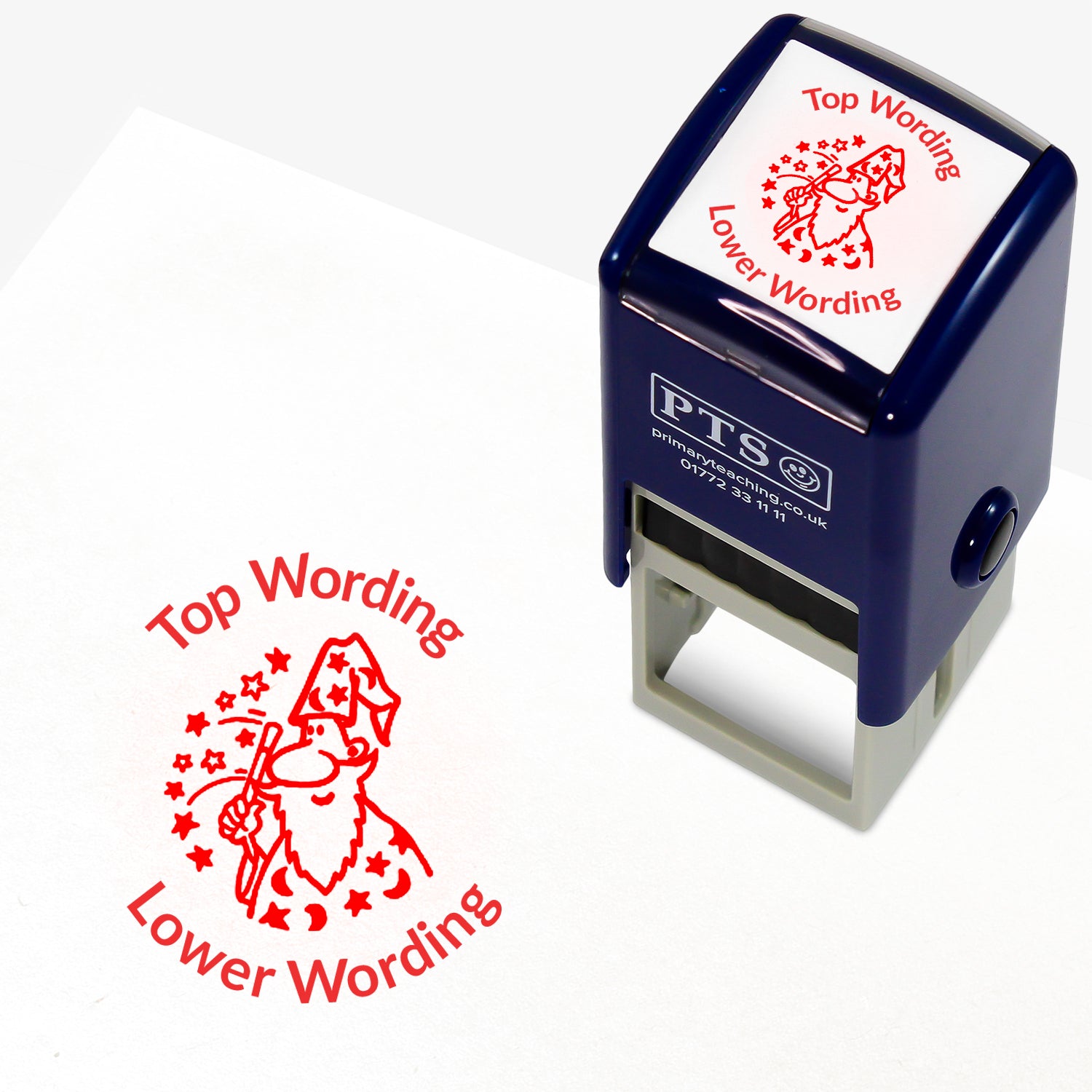 A 25mm round pre-inked teacher stamper with red ink, featuring a wizard with a wand emitting a shower of stars, curving above the image is space for personalisation 'Top Wording' and curving below the image is space for personalisation 'Lower Wording' in a clear, bold font.