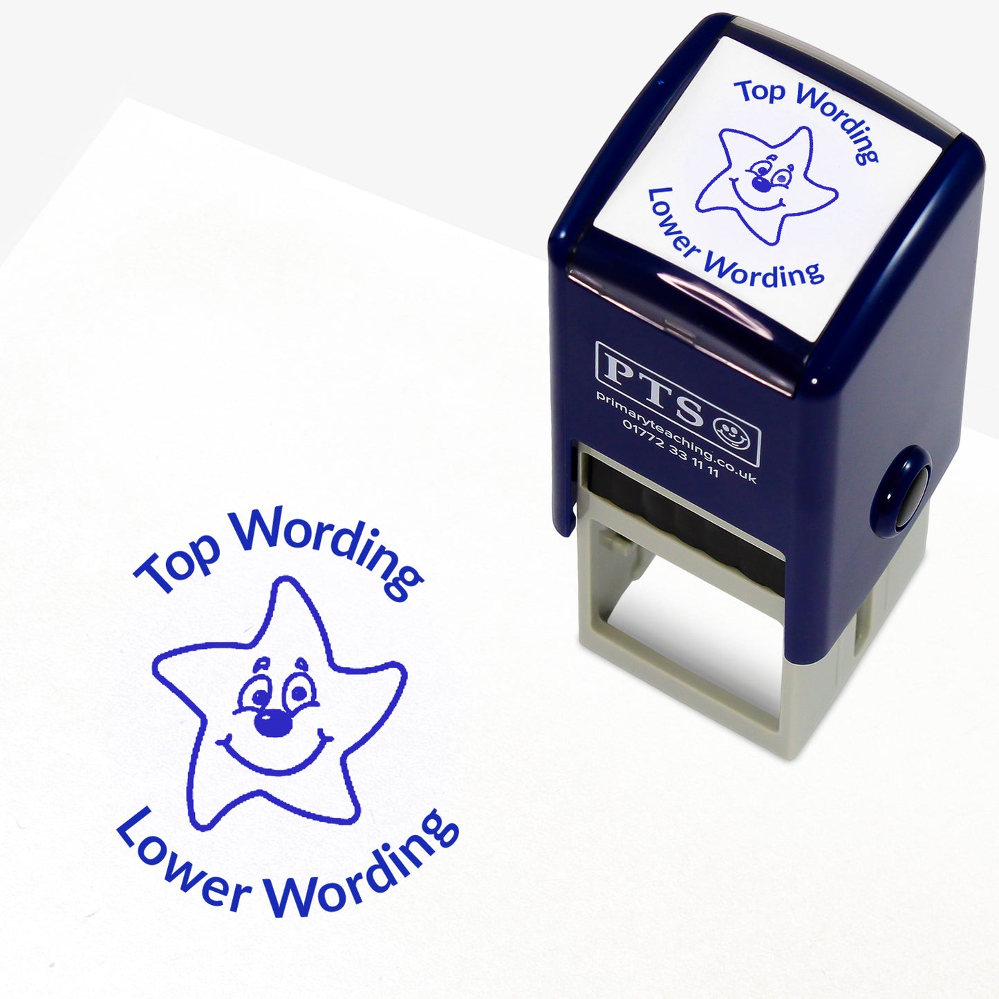 A 25mm round pre-inked teacher stamper with blue ink, featuring a smiling starfish, curving above the image is space for personalisation 'Top Wording' and curving below the image is space for personalisation 'Lower Wording' in a clear, bold font.