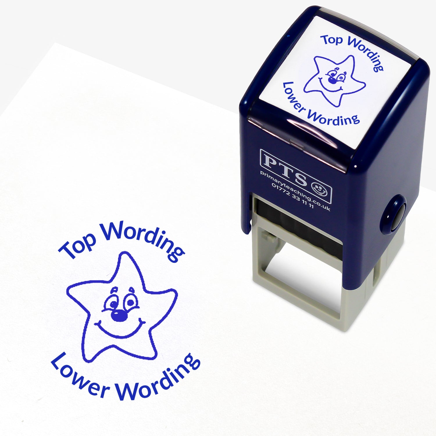 A 25mm round pre-inked teacher stamper with blue ink, featuring a smiling starfish, curving above the image is space for personalisation 'Top Wording' and curving below the image is space for personalisation 'Lower Wording' in a clear, bold font.