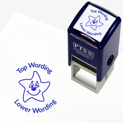 A 25mm round pre-inked teacher stamper with blue ink, featuring a smiling starfish, curving above the image is space for personalisation 'Top Wording' and curving below the image is space for personalisation 'Lower Wording' in a clear, bold font.