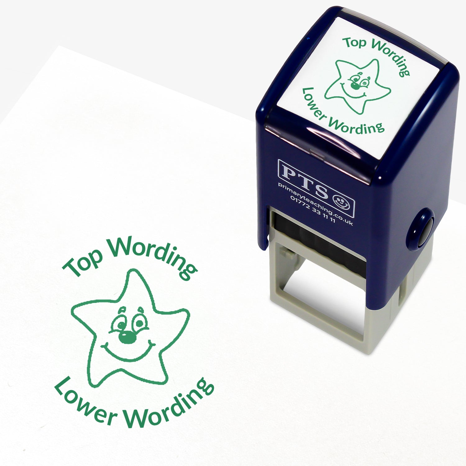 A 25mm round pre-inked teacher stamper with green ink, featuring a smiling starfish, curving above the image is space for personalisation 'Top Wording' and curving below the image is space for personalisation 'Lower Wording' in a clear, bold font.