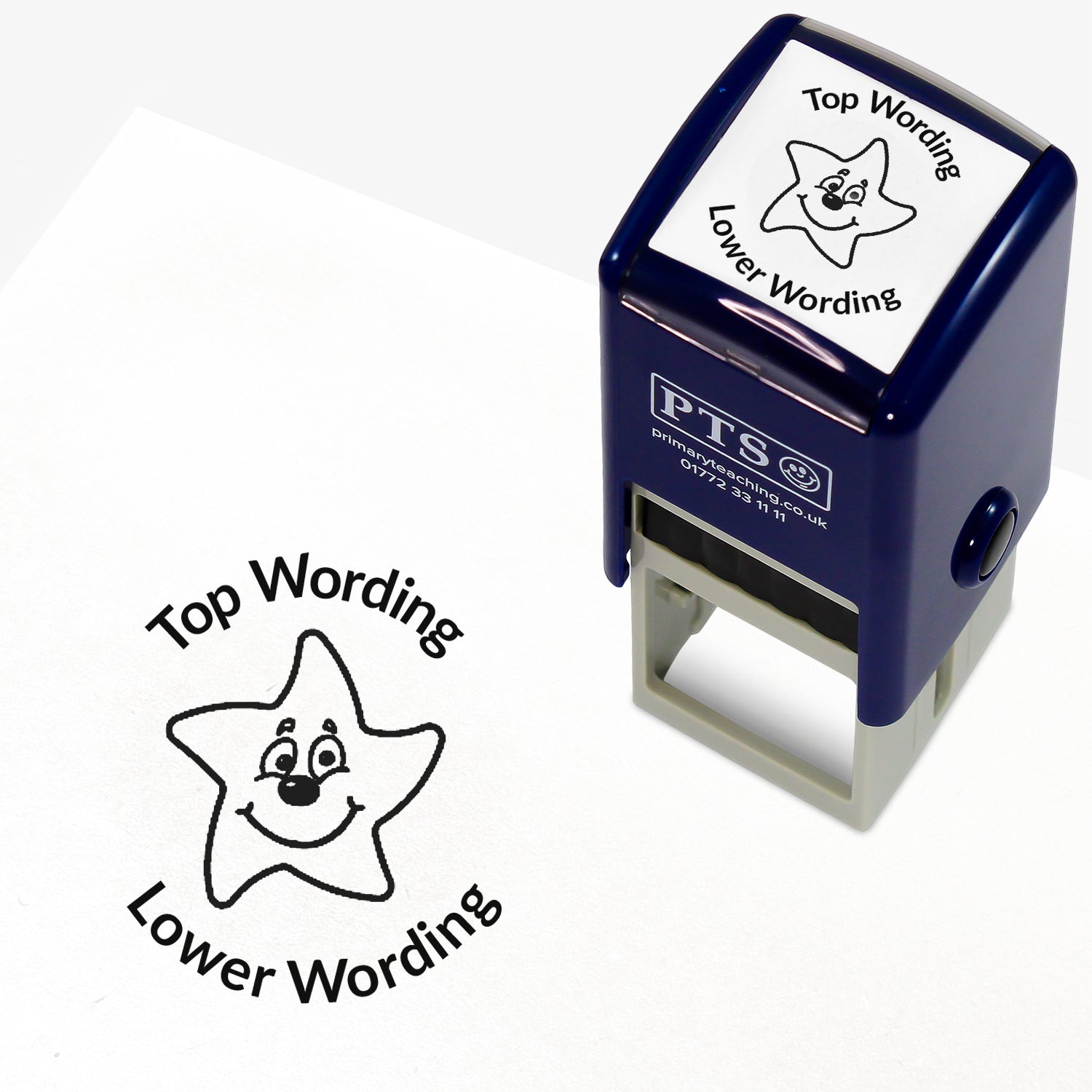 A 25mm round pre-inked teacher stamper with black ink, featuring a smiling starfish, curving above the image is space for personalisation 'Top Wording' and curving below the image is space for personalisation 'Lower Wording' in a clear, bold font.