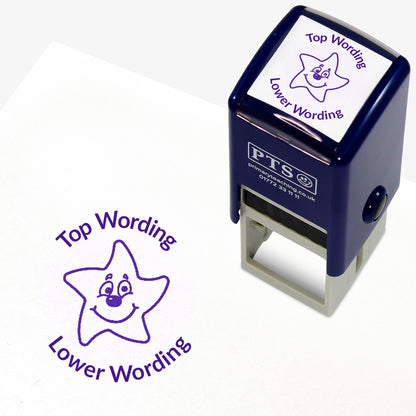 A 25mm round pre-inked teacher stamper with purple ink, featuring a smiling starfish, curving above the image is space for personalisation 'Top Wording' and curving below the image is space for personalisation 'Lower Wording' in a clear, bold font.