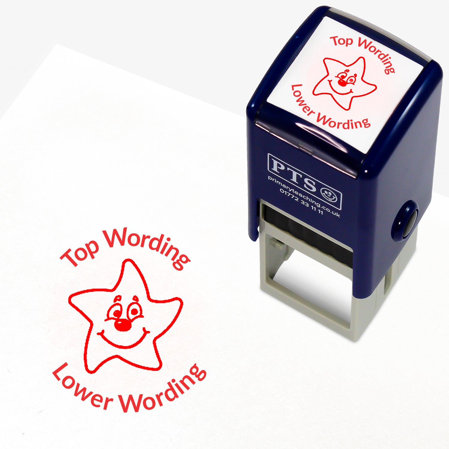 A 25mm round pre-inked teacher stamper with red ink, featuring a smiling starfish, curving above the image is space for personalisation 'Top Wording' and curving below the image is space for personalisation 'Lower Wording' in a clear, bold font.