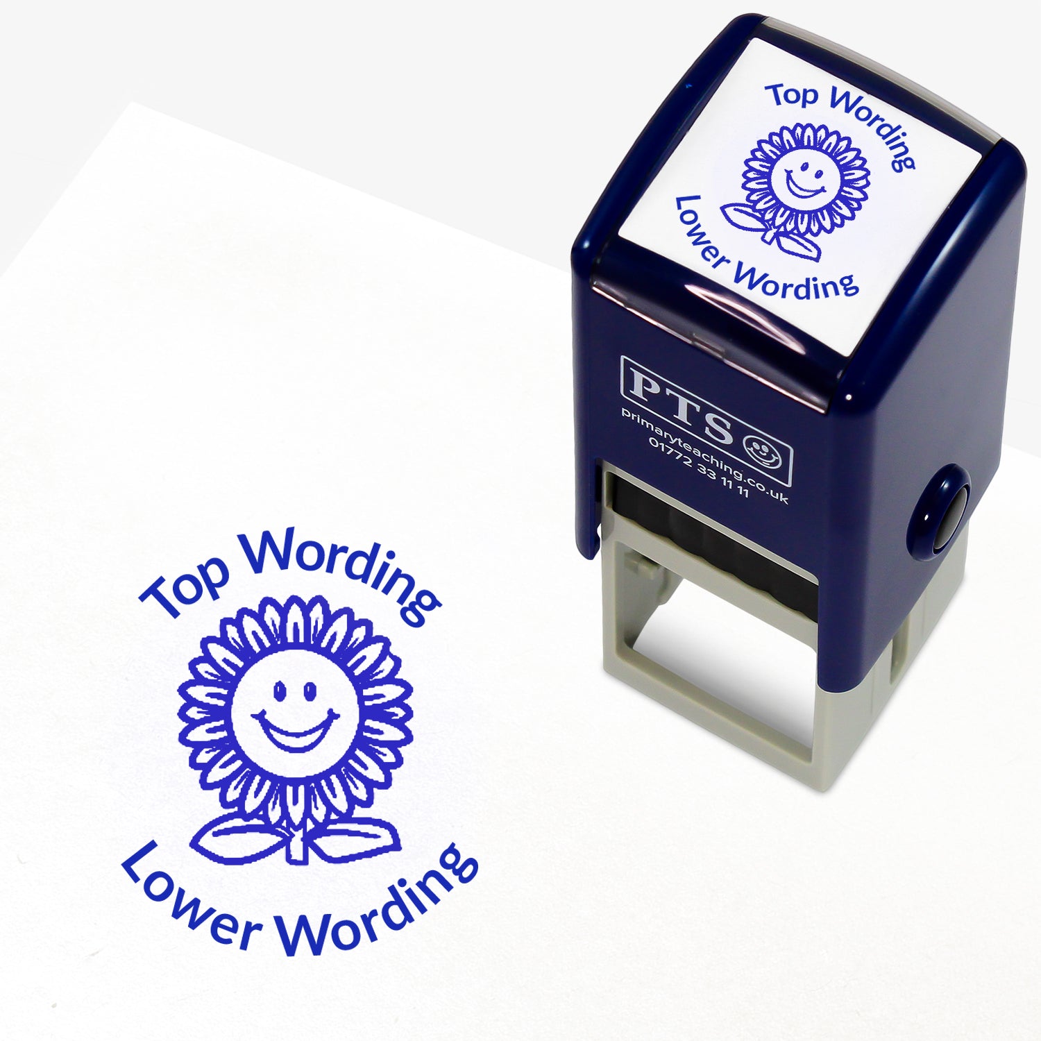 A 25mm round pre-inked teacher stamper with blue ink, featuring a smiling sunflower, curving above the image is space for personalisation 'Top Wording' and curving below the image is space for personalisation 'Lower Wording' in a clear, bold font.