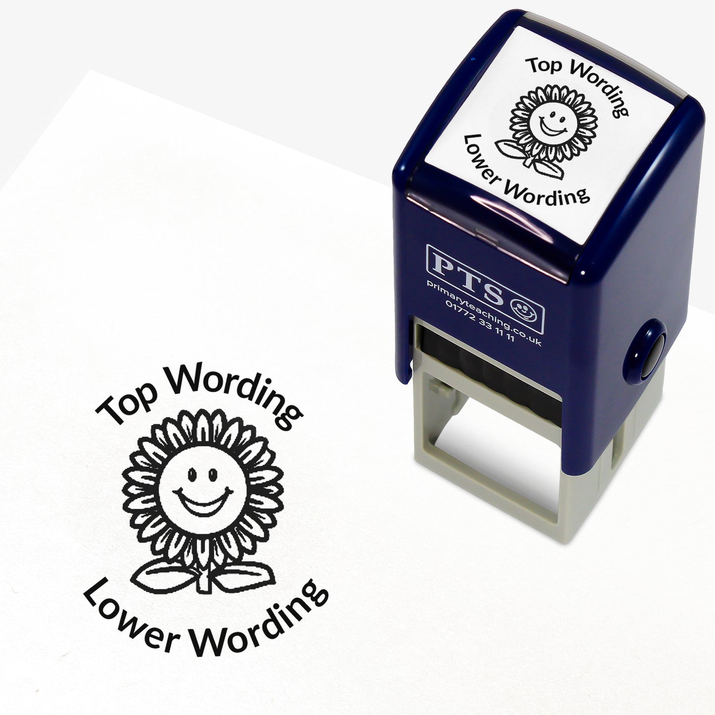 A 25mm round pre-inked teacher stamper with black ink, featuring a smiling sunflower, curving above the image is space for personalisation 'Top Wording' and curving below the image is space for personalisation 'Lower Wording' in a clear, bold font.