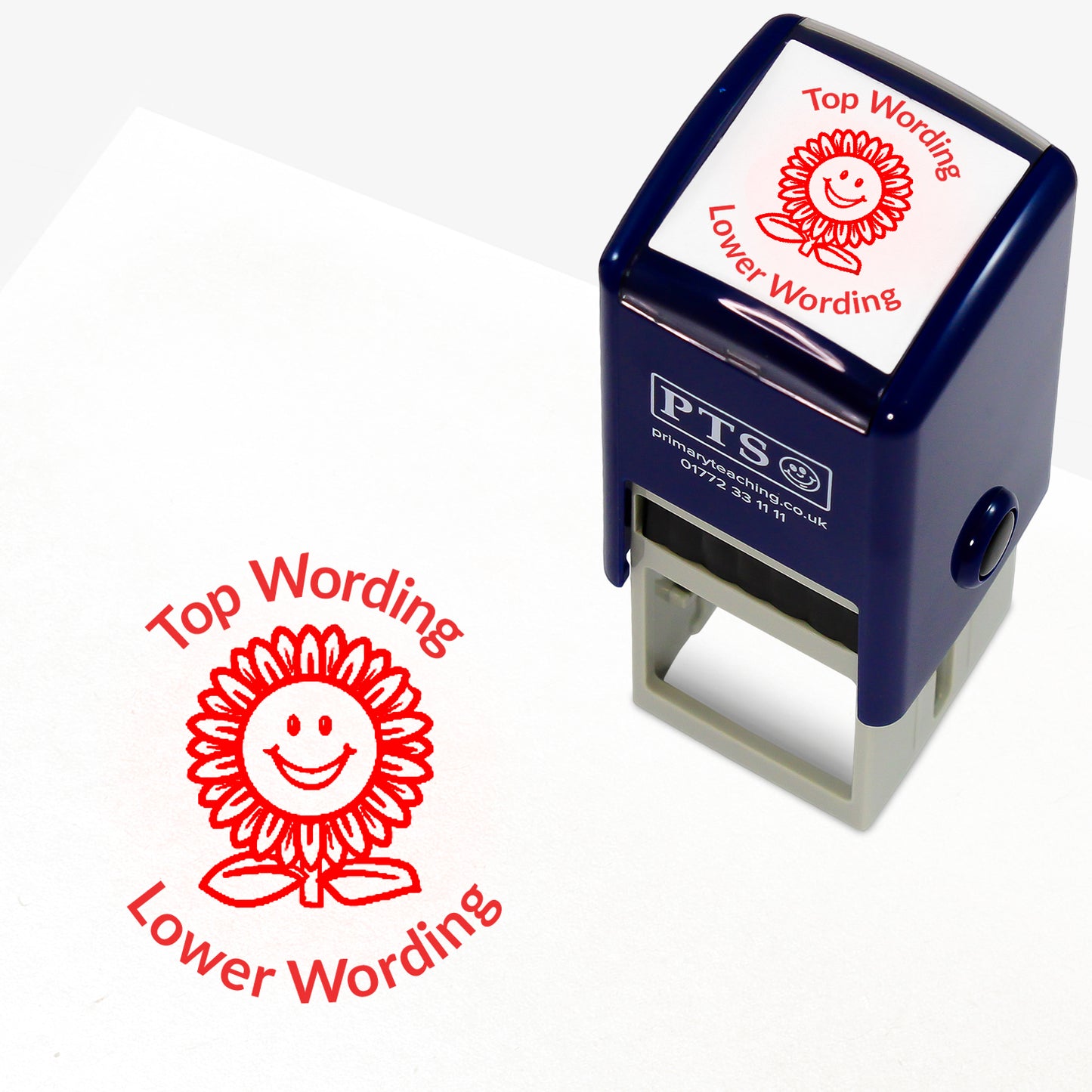 A 25mm round pre-inked teacher stamper with red ink, featuring a smiling sunflower, curving above the image is space for personalisation 'Top Wording' and curving below the image is space for personalisation 'Lower Wording' in a clear, bold font.