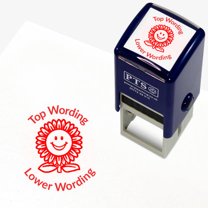 A 25mm round pre-inked teacher stamper with red ink, featuring a smiling sunflower, curving above the image is space for personalisation 'Top Wording' and curving below the image is space for personalisation 'Lower Wording' in a clear, bold font.