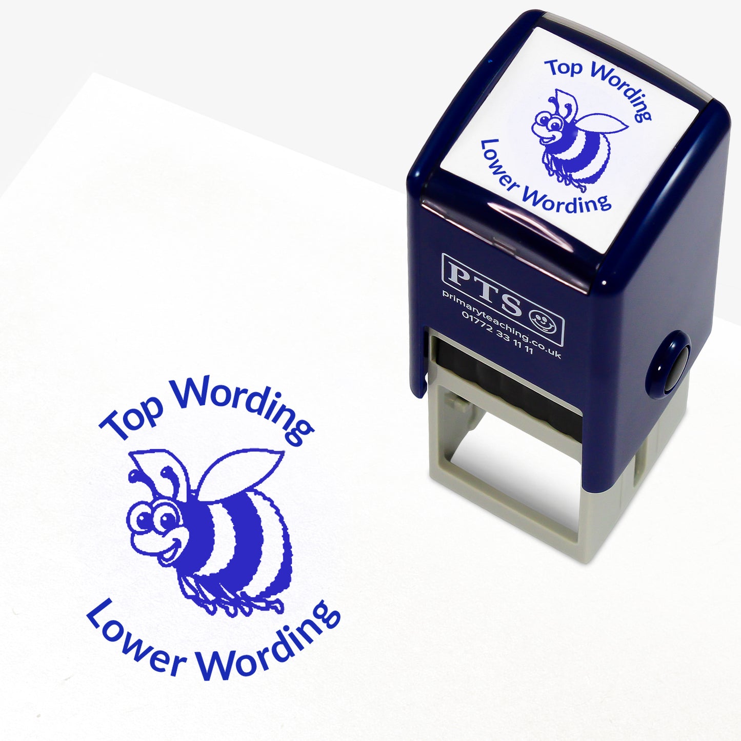 A 25mm round pre-inked teacher stamper with blue ink, featuring a smiling bee, curving above the image is space for personalisation 'Top Wording' and curving below the image is space for personalisation 'Lower Wording' in a clear, bold font.