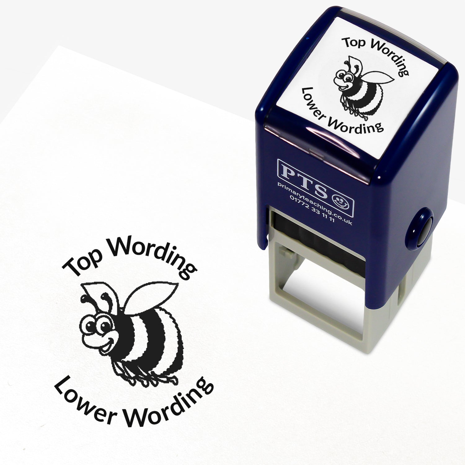 A 25mm round pre-inked teacher stamper with black ink, featuring a smiling bee, curving above the image is space for personalisation 'Top Wording' and curving below the image is space for personalisation 'Lower Wording' in a clear, bold font.