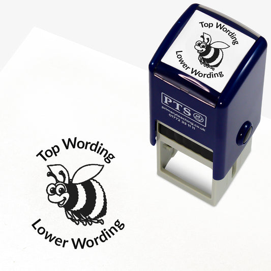 A 25mm round pre-inked teacher stamper with black ink, featuring a smiling bee, curving above the image is space for personalisation 'Top Wording' and curving below the image is space for personalisation 'Lower Wording' in a clear, bold font.