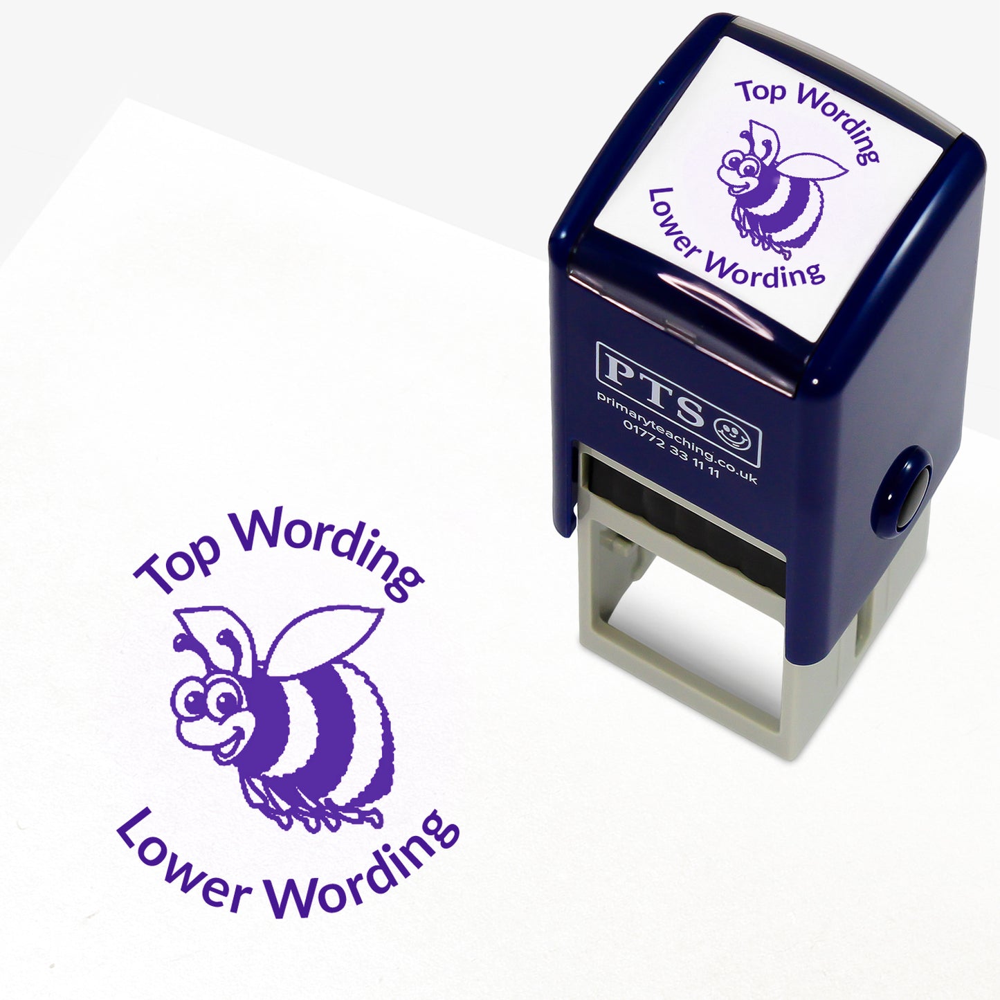A 25mm round pre-inked teacher stamper with purple ink, featuring a smiling bee, curving above the image is space for personalisation 'Top Wording' and curving below the image is space for personalisation 'Lower Wording' in a clear, bold font.