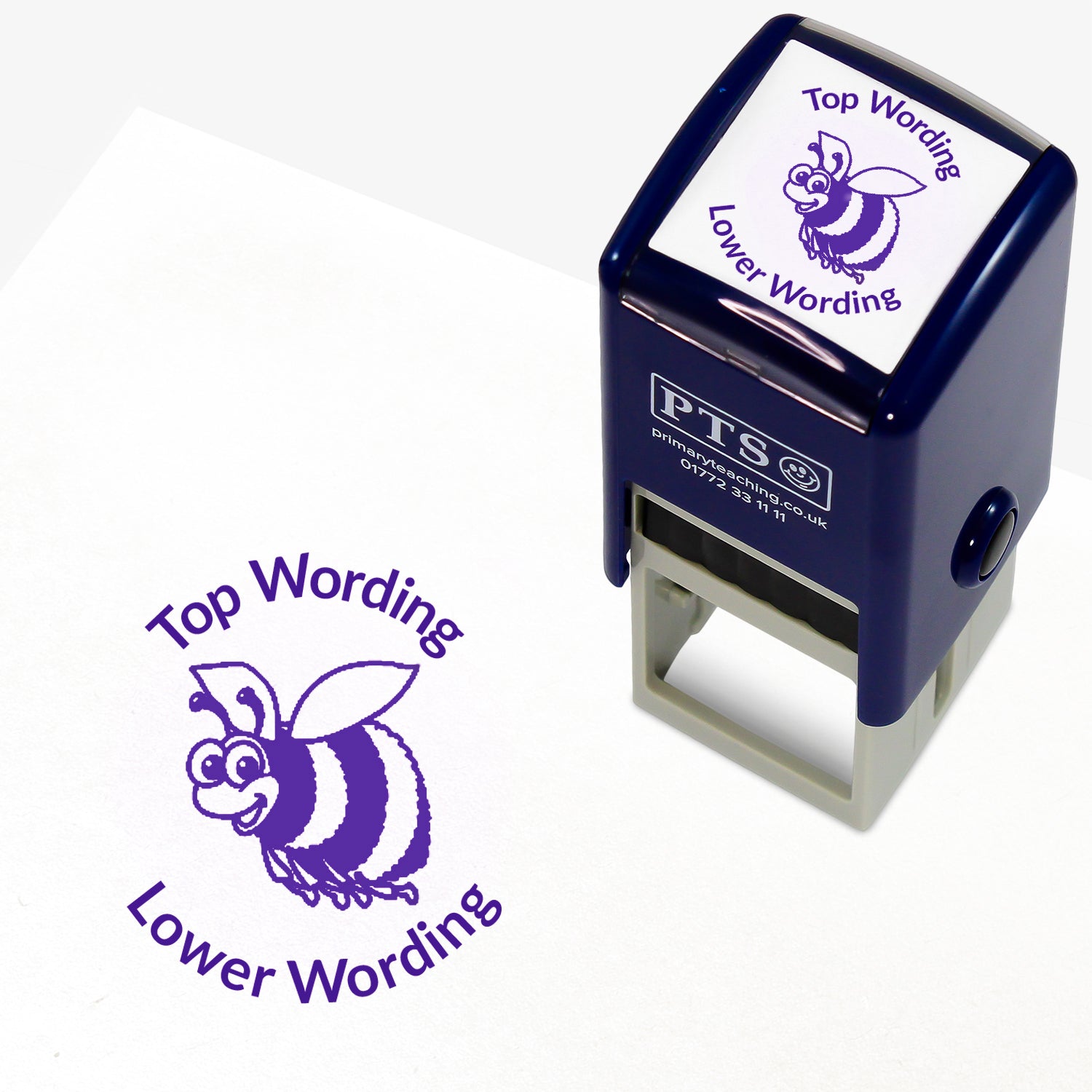 A 25mm round pre-inked teacher stamper with purple ink, featuring a smiling bee, curving above the image is space for personalisation 'Top Wording' and curving below the image is space for personalisation 'Lower Wording' in a clear, bold font.